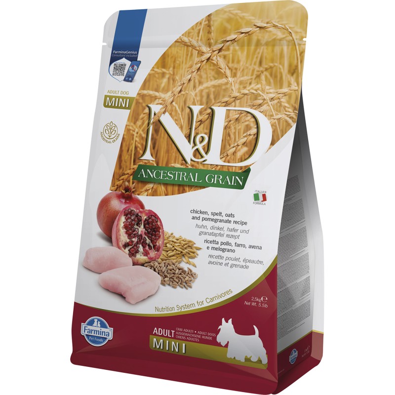 ND DOG ANCESTRAL GRAIN  POLLO ESPELTA AVENA Y GRANADA ADULT MINI 25KG